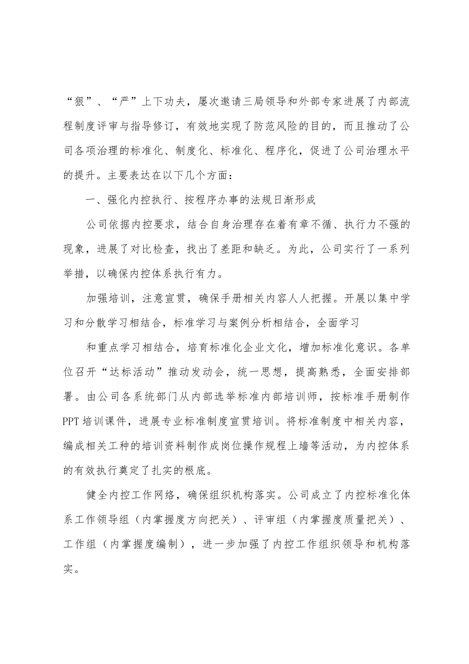 公司内部控制制度建设及执行的效率和效果工作总结_第2页