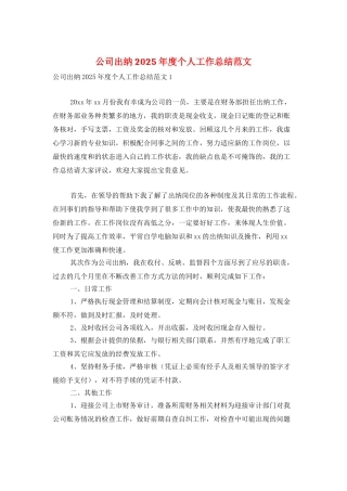 公司出纳2025年度个人工作总结范文