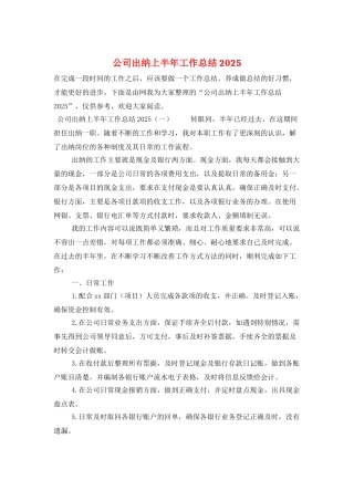 公司出纳上半年工作总结2025