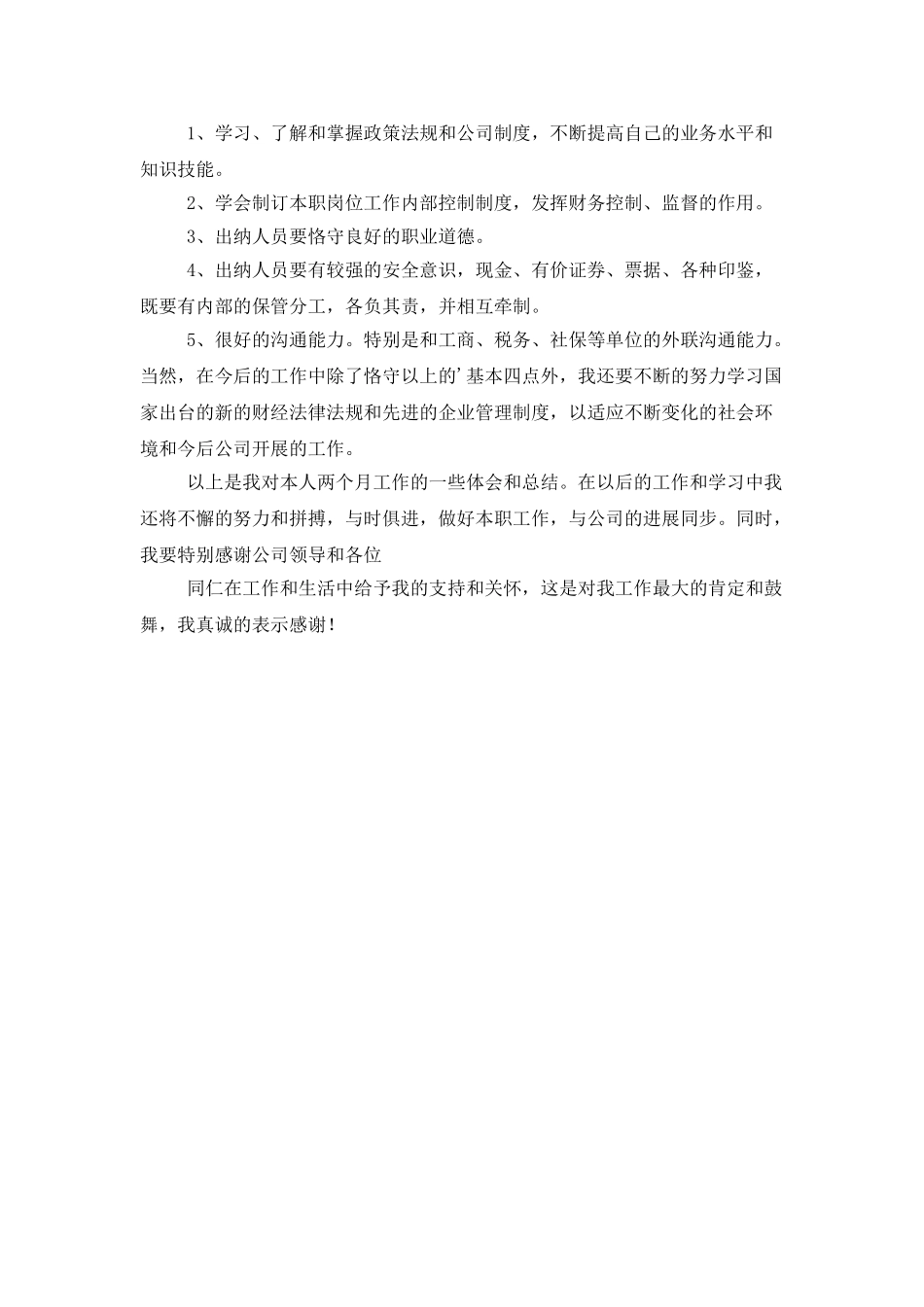 公司出纳员试用期的工作总结范文_第2页