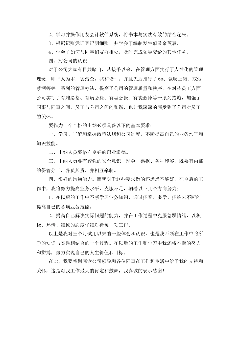 公司出纳员工试用期的工作总结_第2页