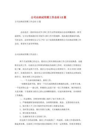 公司出纳试用期工作总结12篇