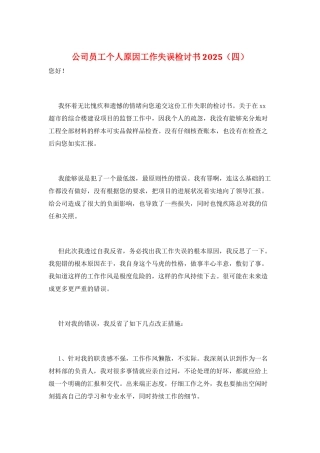 公司员工个人原因工作失误检讨书2025