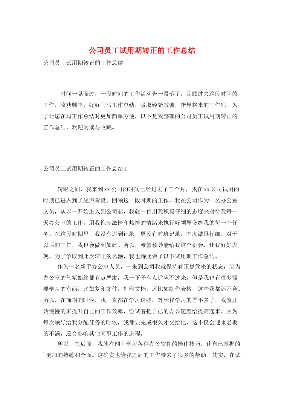 公司员工试用期转正的工作总结_第1页