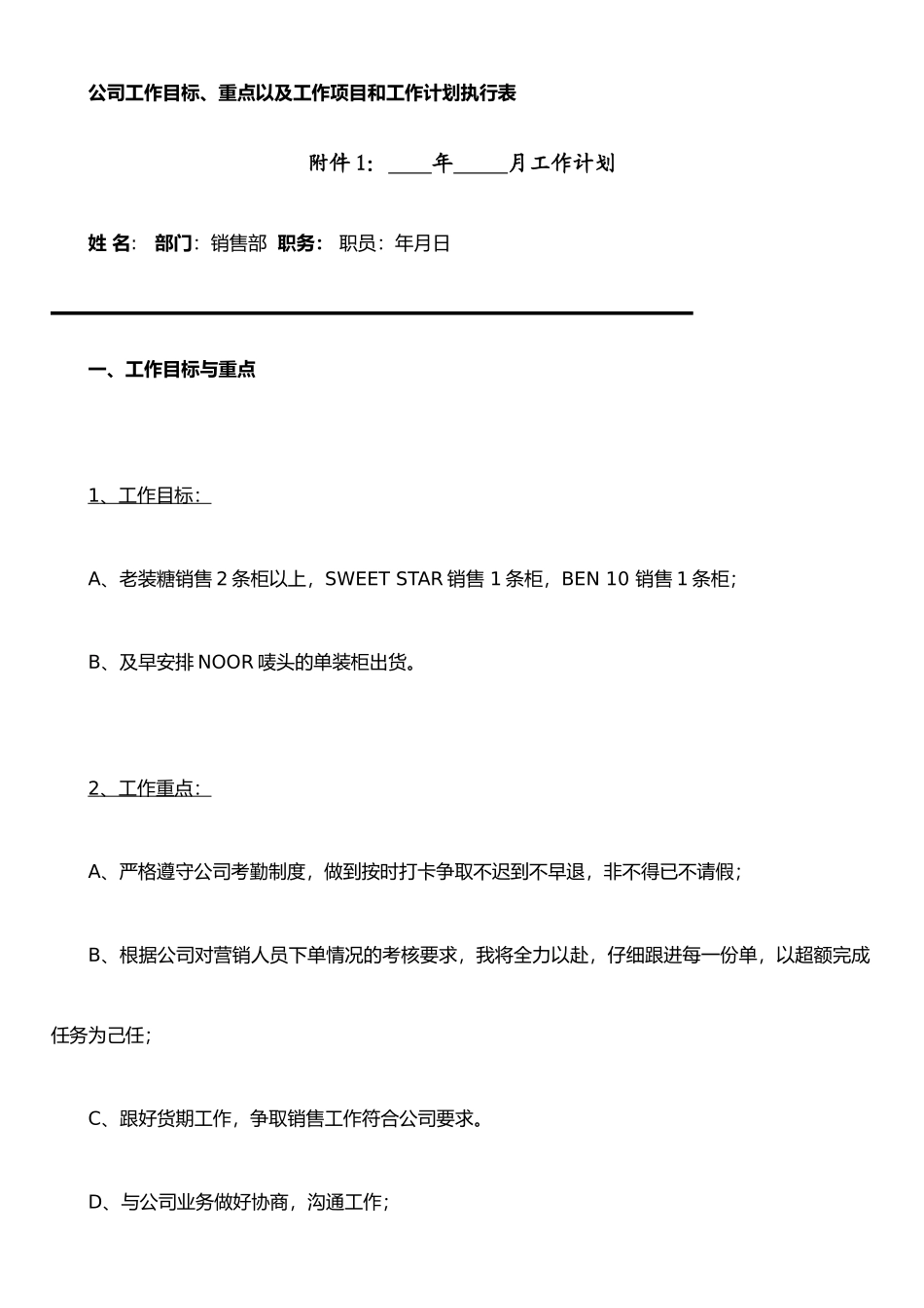 公司工作目标、重点以及工作项目和工作计划执行表_第1页
