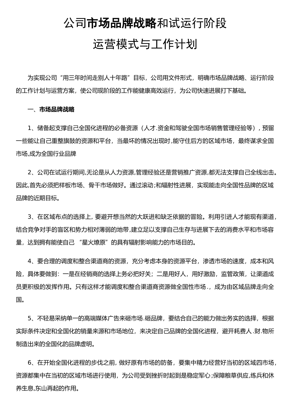 公司市场品牌战略和试运行阶段运营模式与工作计划_第1页