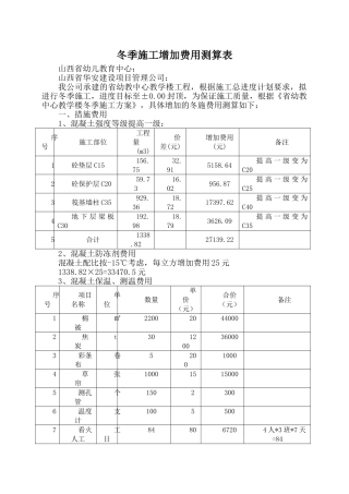 冬季施工增加费用测算表