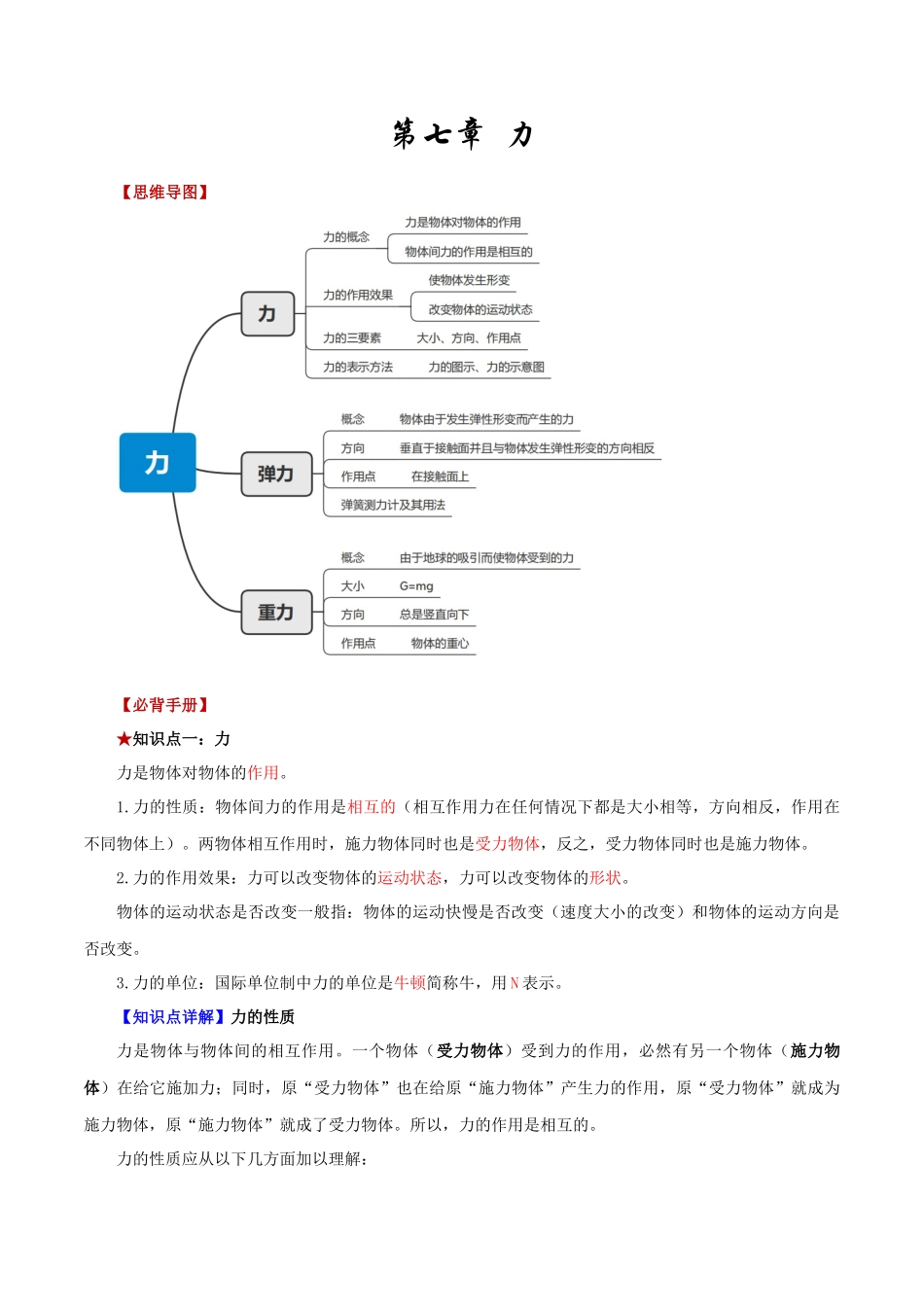 2026年中考物理必背知识手册（思维导图+背诵手册）第七章++力_第1页