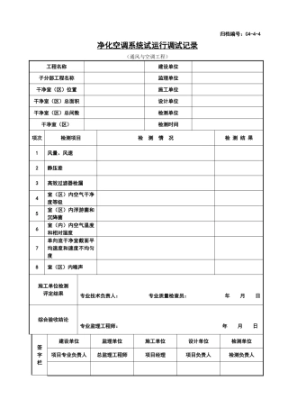 净化空调系统试运行调试记录