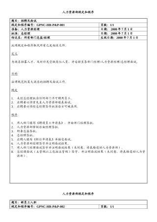 凯莱酒店人力资源部规定和程序