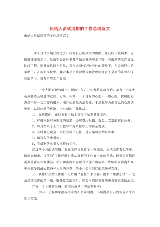 出纳人员试用期的工作总结范文