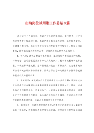 出纳岗位试用期工作总结3篇