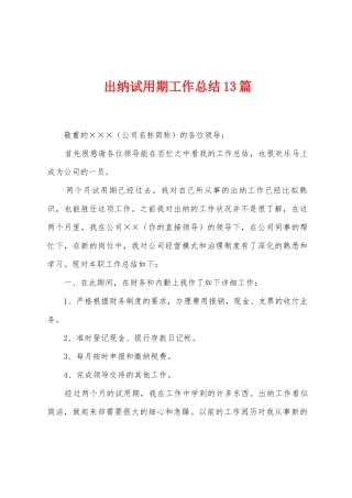 出纳试用期工作总结13篇