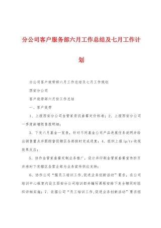 分公司客户服务部六月工作总结及七月工作计划