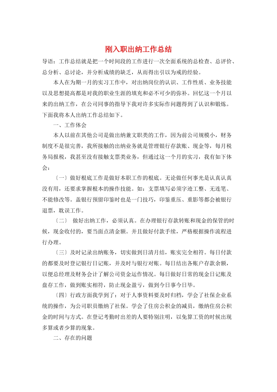 刚入职出纳工作总结_第1页