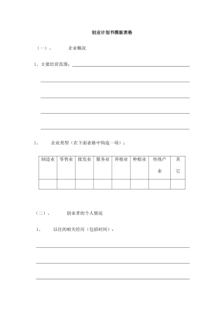 创业计划书模板表格