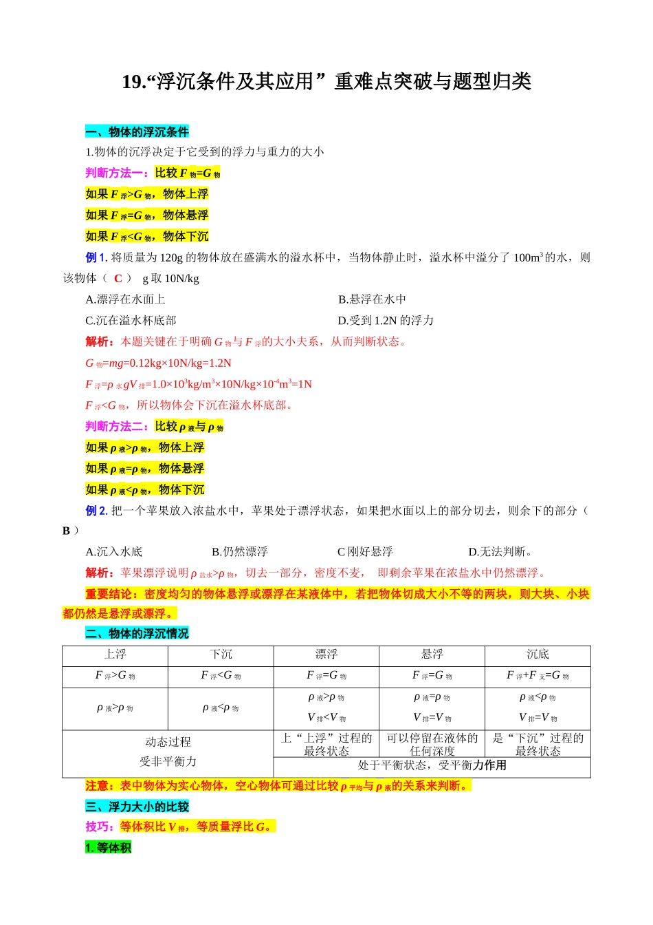 2026年中考物理复习-----19.“浮沉条件及其应用”重难点突破与题型归类_第1页