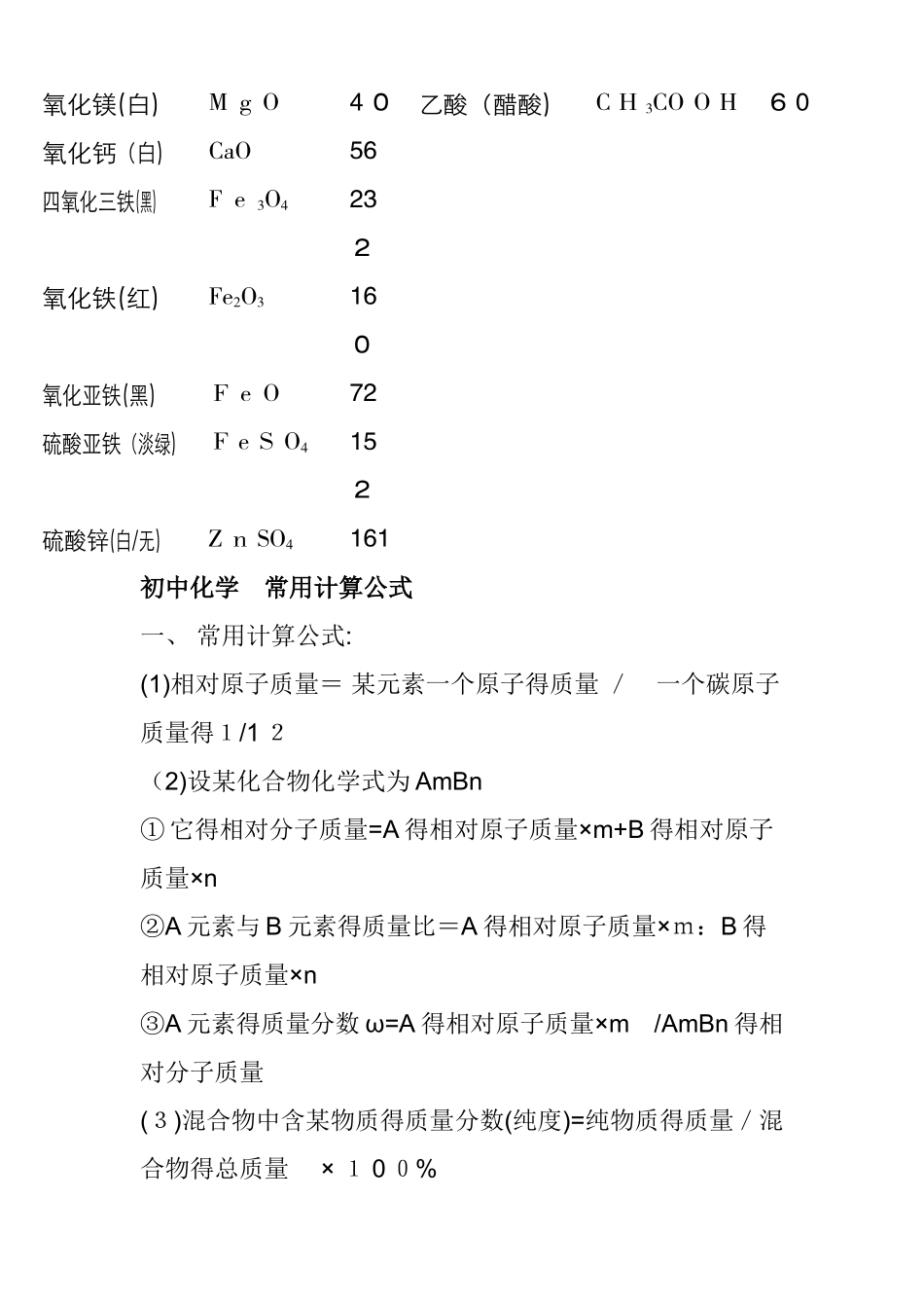 初中常用相对分子质量及计算公式_第2页