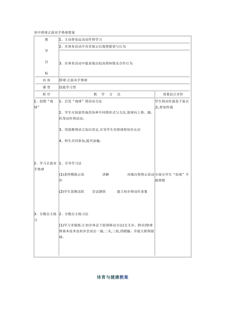 初中排球正面双手垫球教案_第1页