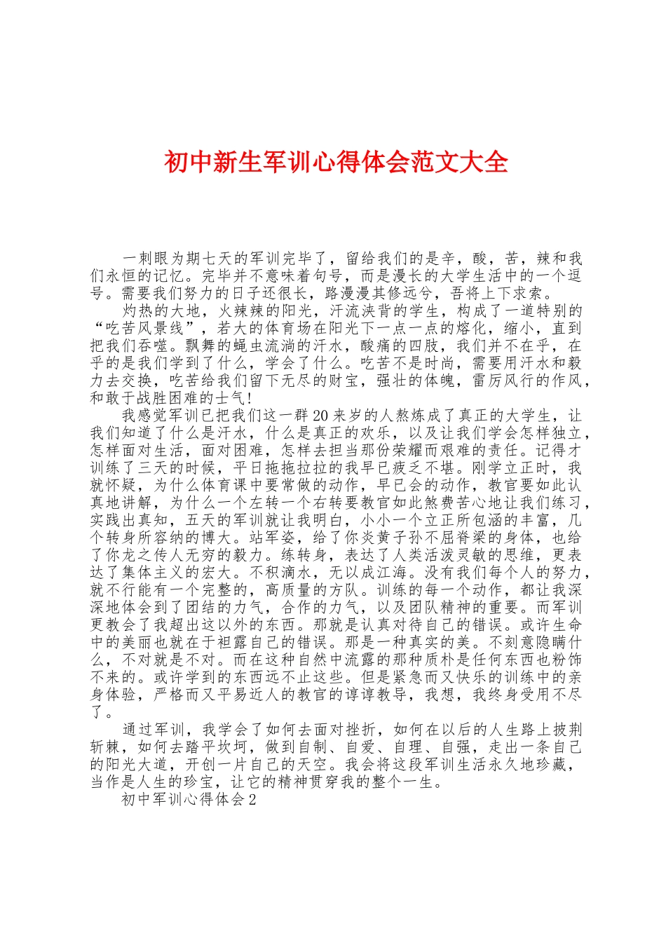 初中新生军训心得体会范文大全_第1页