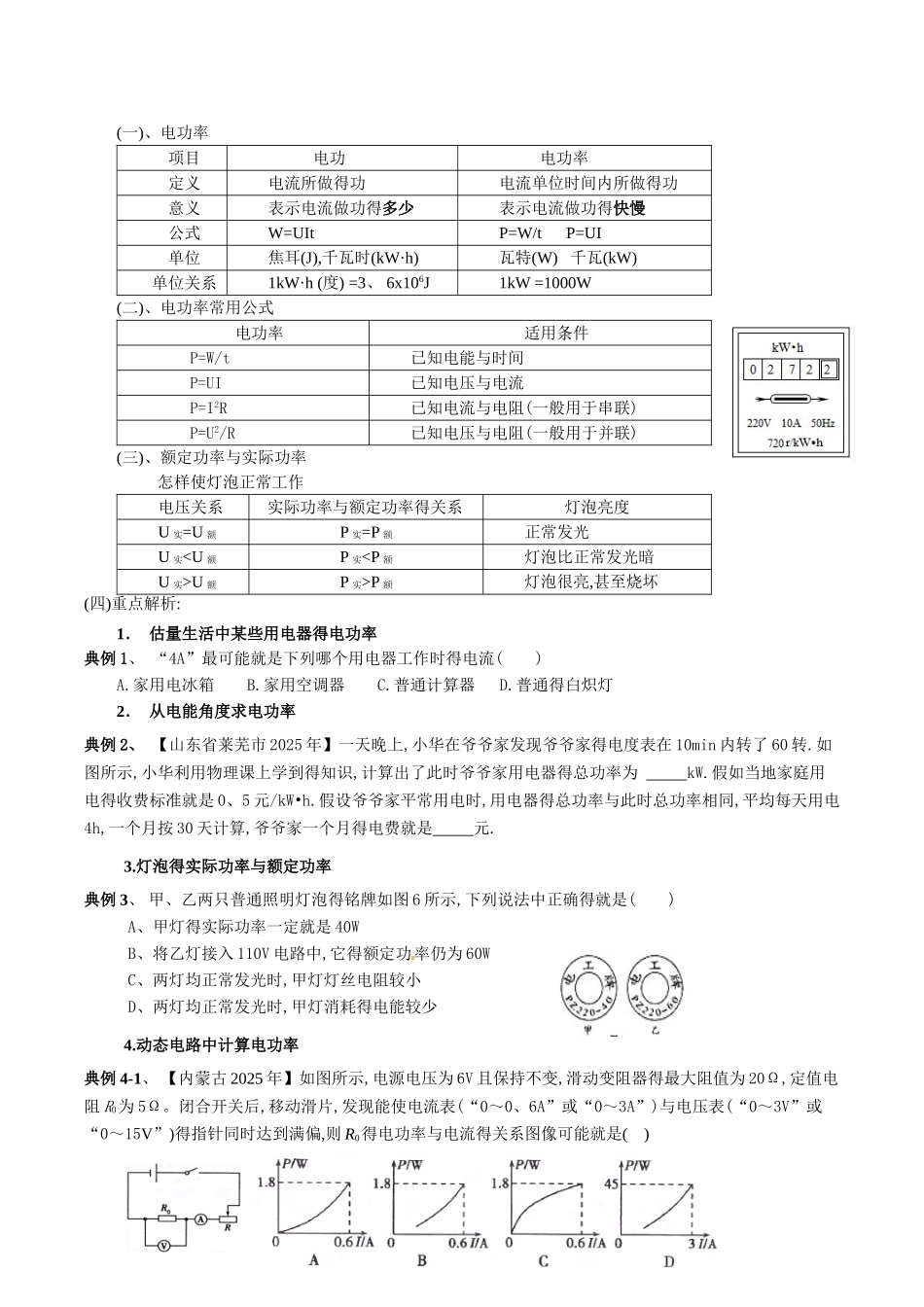 初中物理电功率计算专题复习_第1页