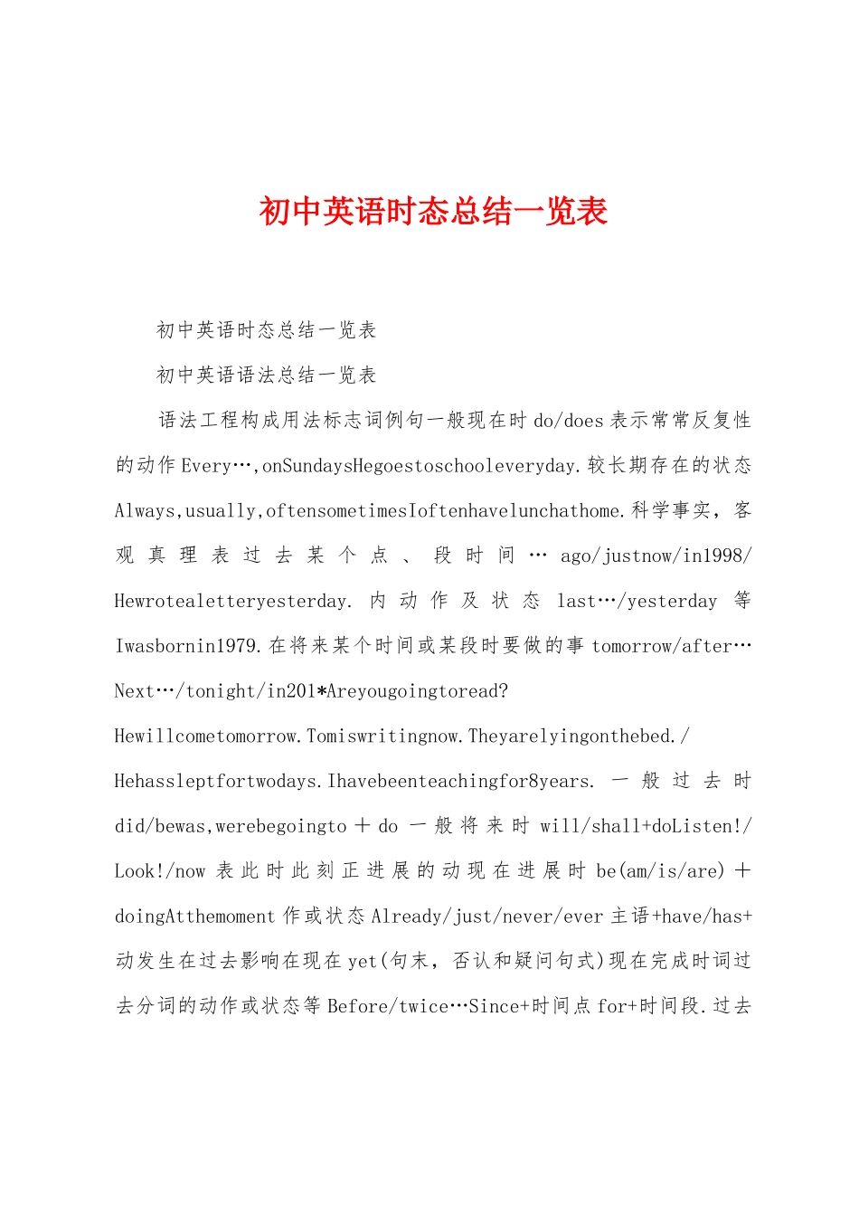 初中英语时态总结一览表_第1页
