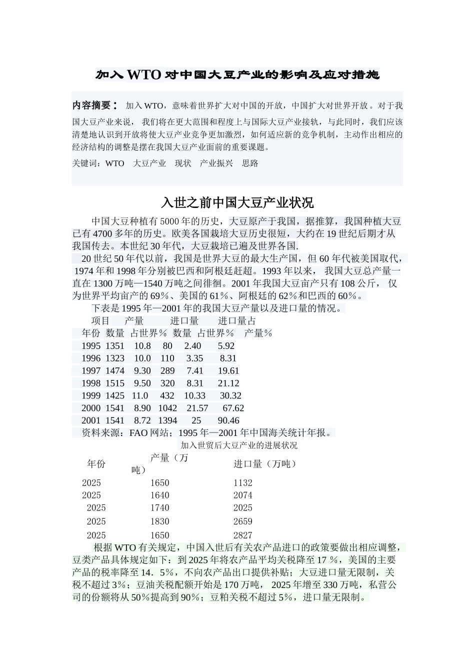 加入WTO对中国大豆产业的影响及应对措施_第1页