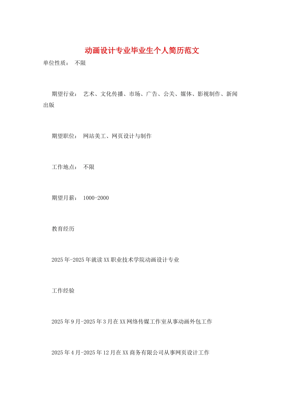 动画设计专业毕业生个人简历范文_第1页