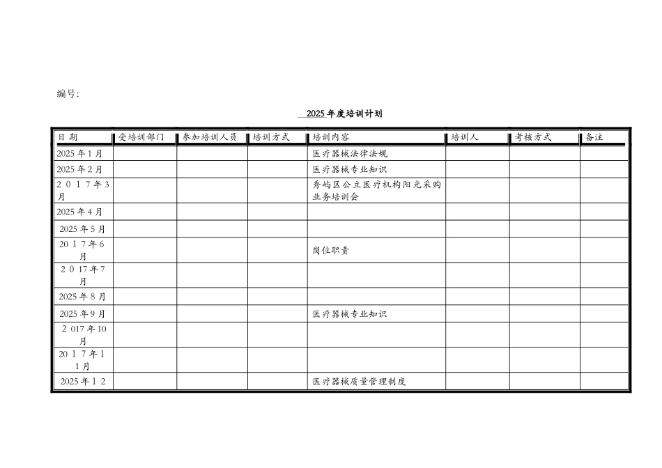 医疗器械公司年度培训计划及培训记录_第1页