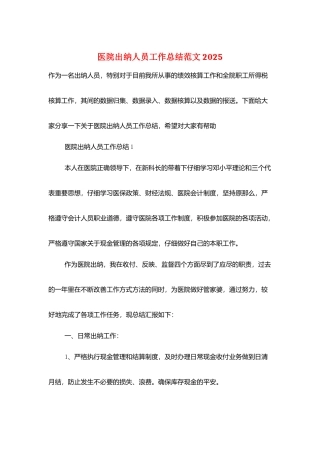 医院出纳人员工作总结范文2025
