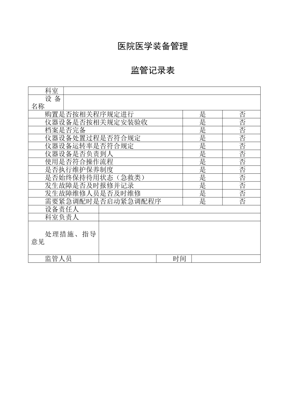 医院医疗设备管理监管记录表_第1页