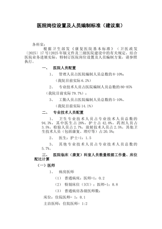 医院岗位设置及人员编制标准