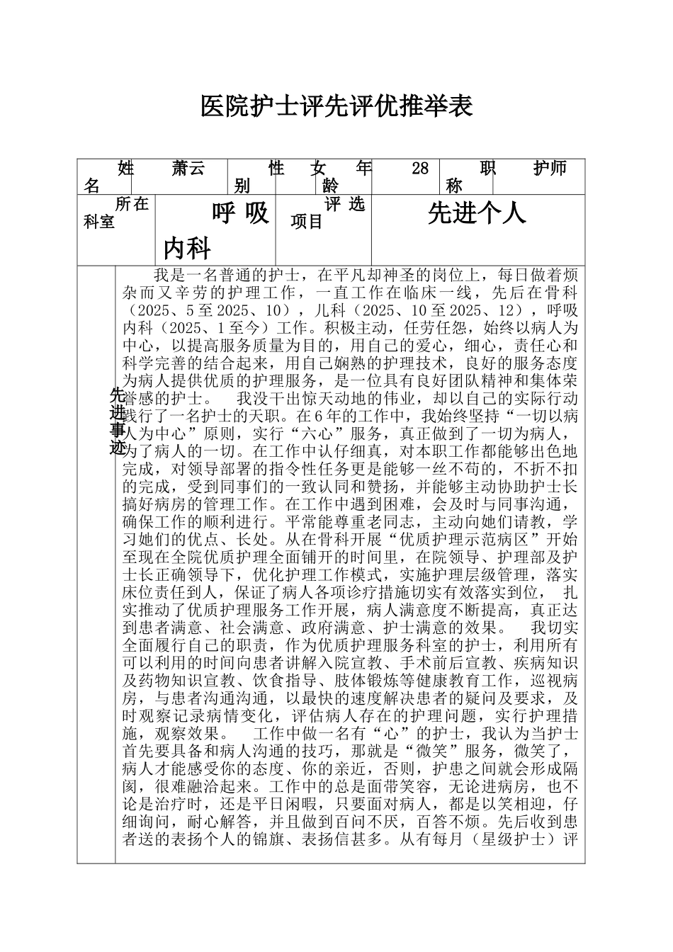 医院护士评先评优推荐表_第1页