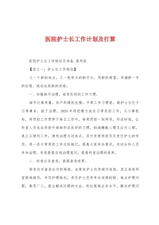 医院护士长工作计划及打算