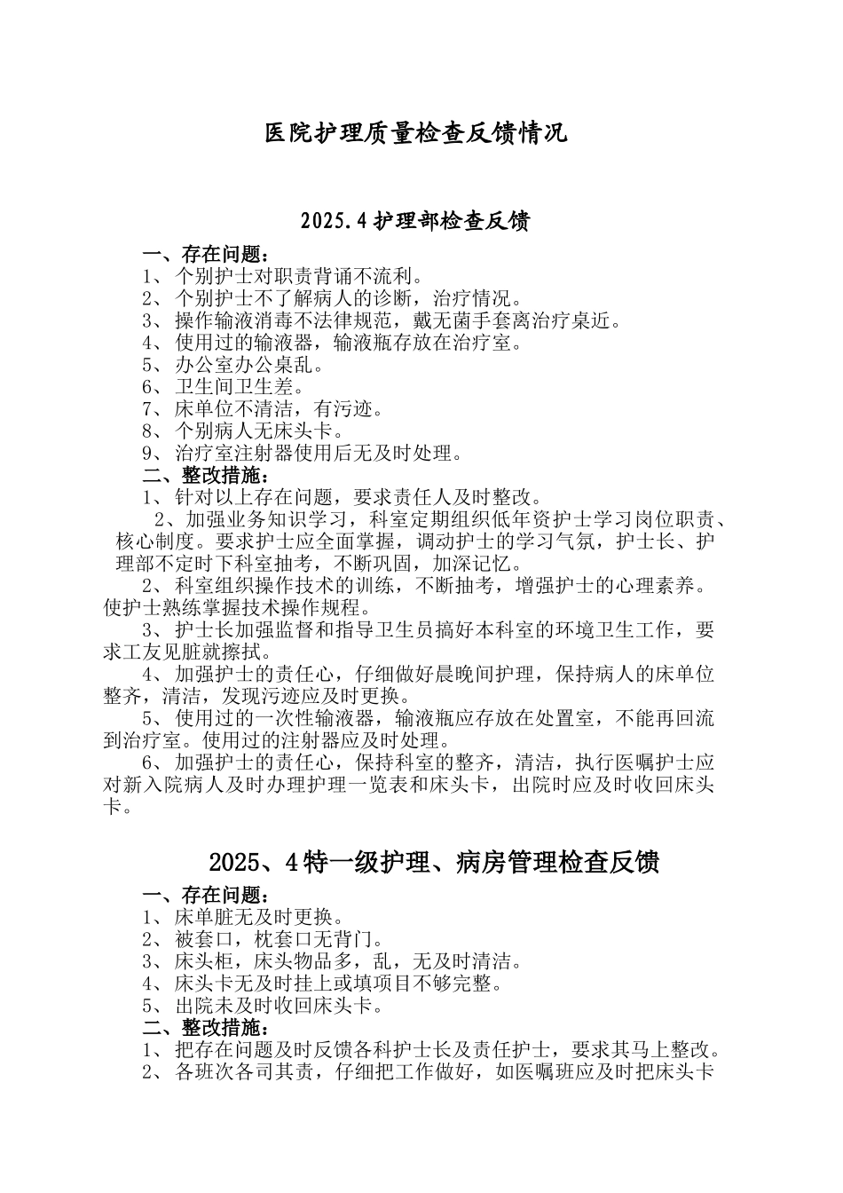 医院护理质量检查反馈情况_第1页