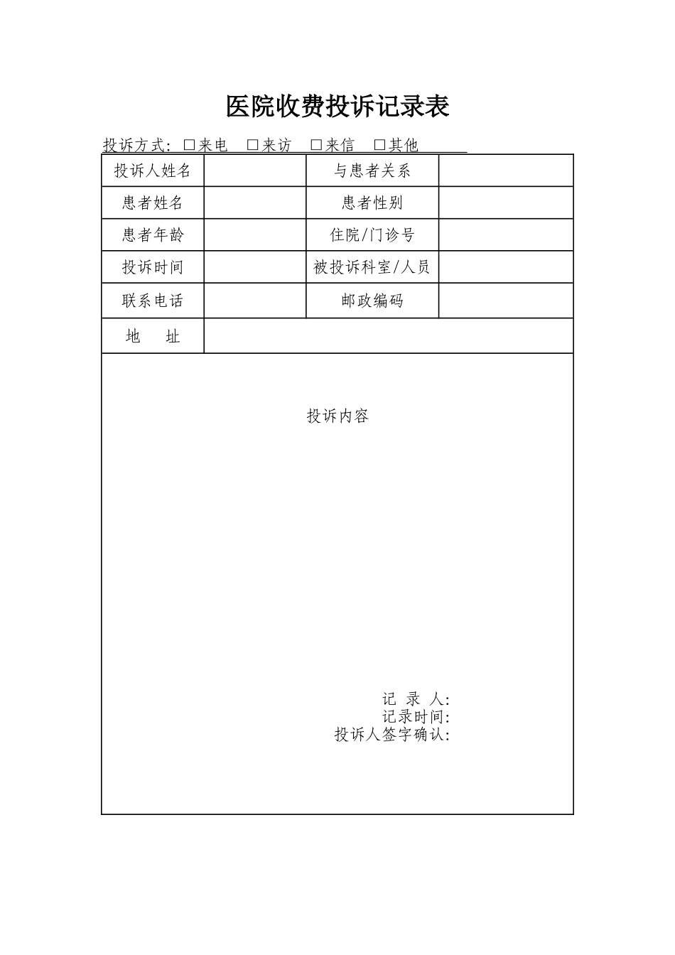 医院收费投诉记录表_第1页