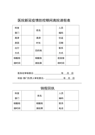医院新冠疫情防控期间离院请假表（标准版）