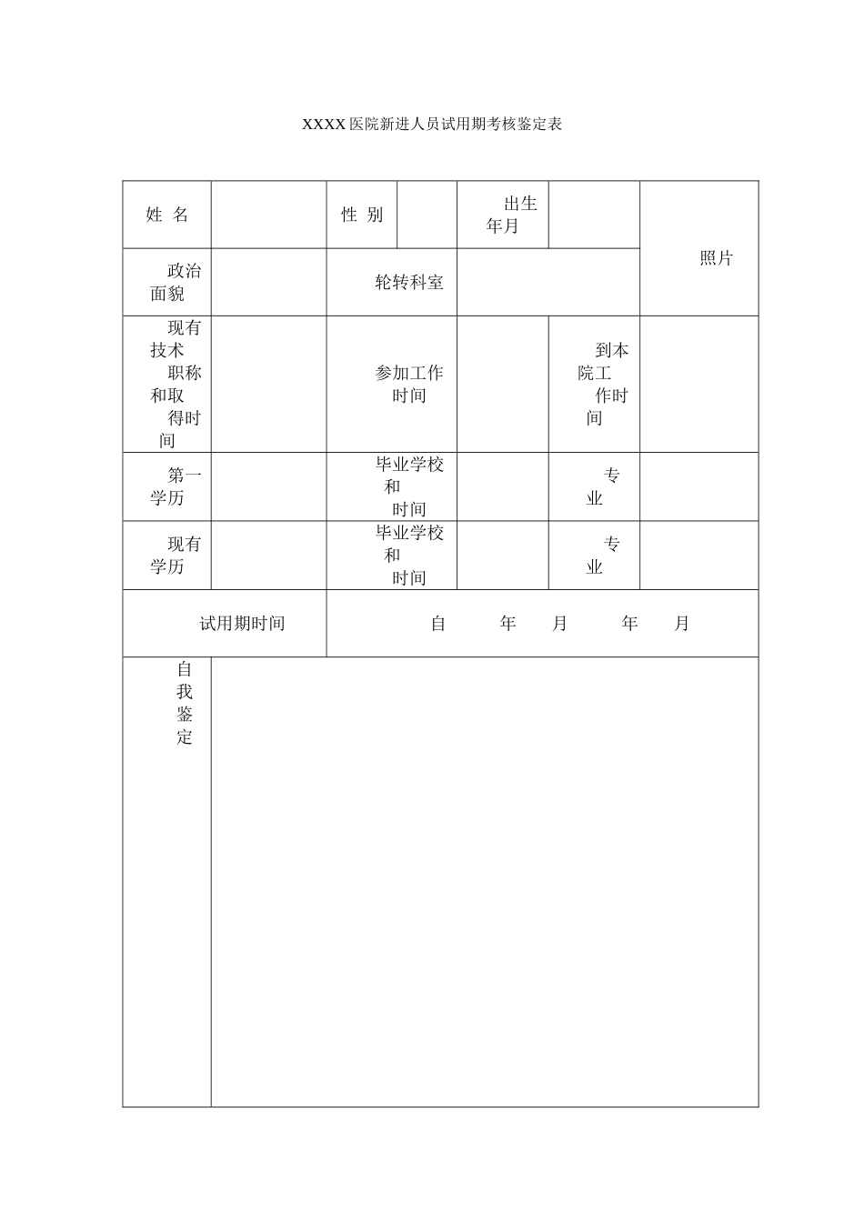 医院新进人员试用期考核鉴定表_第1页