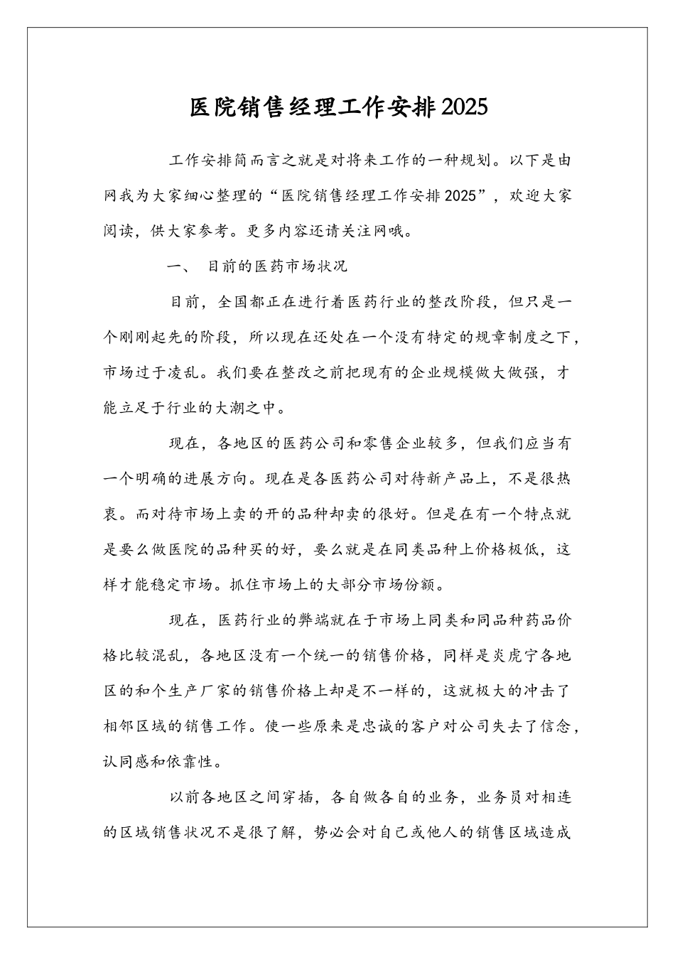 医院销售经理工作安排2025_第1页