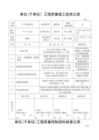 单位工程安全的功能检验资料核查及主要功能抽查记录