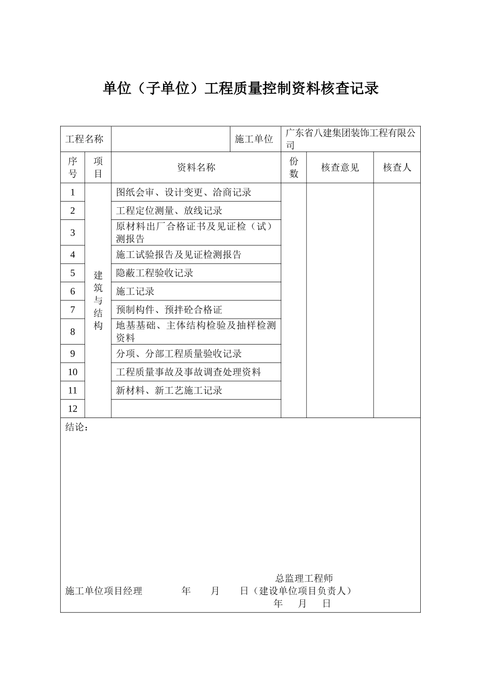 单位（子单位）工程质量控制资料核查记录_第1页