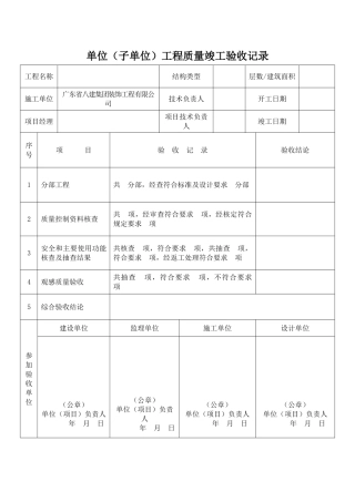 单位（子单位）工程质量竣工验收记录