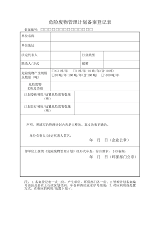 危险废物管理计划备案登记表（标准版）