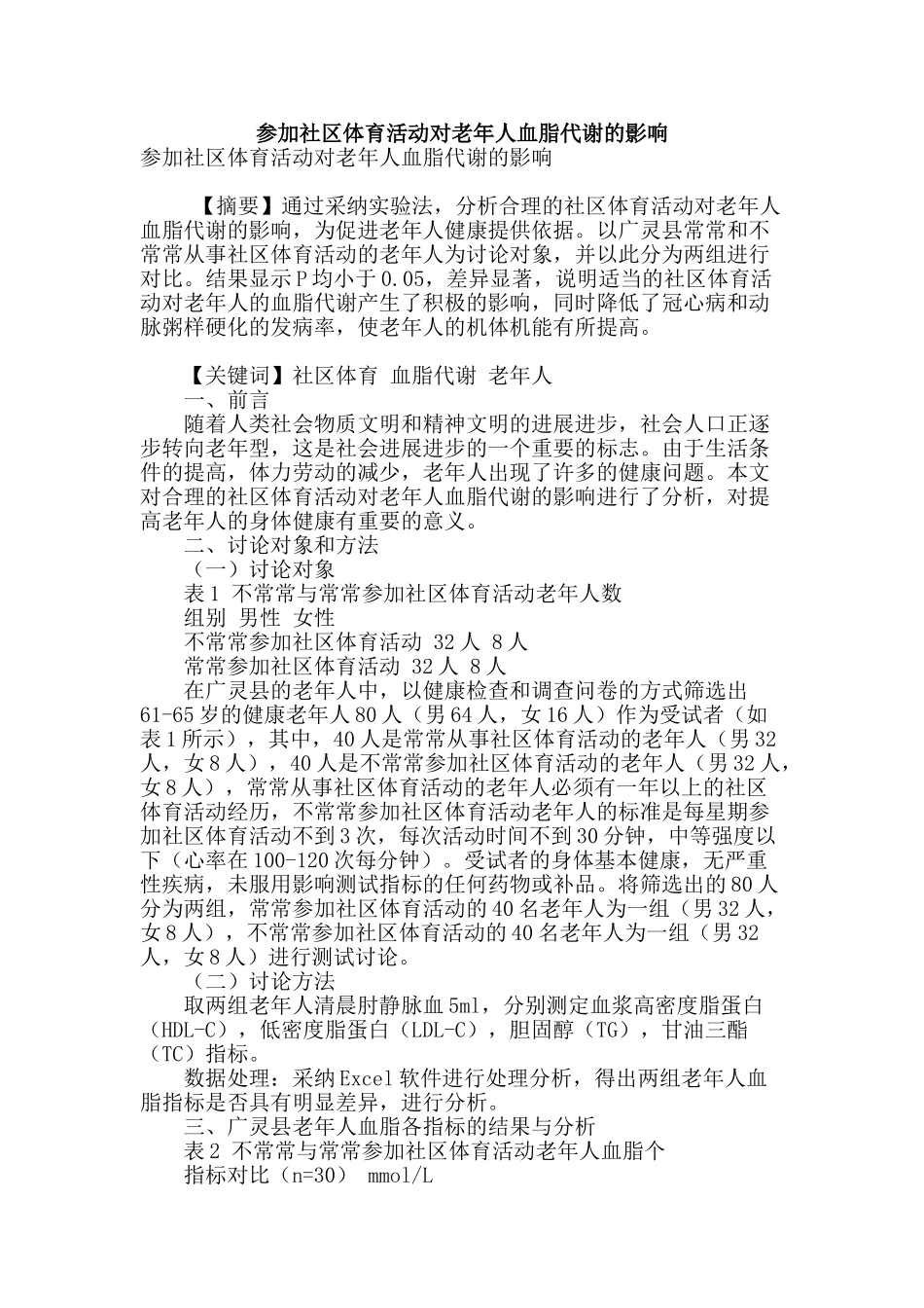 参加社区体育活动对老年人血脂代谢的影响_第1页