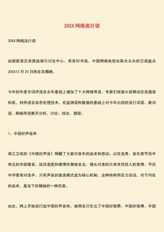 参考范文：20XX网络流行语