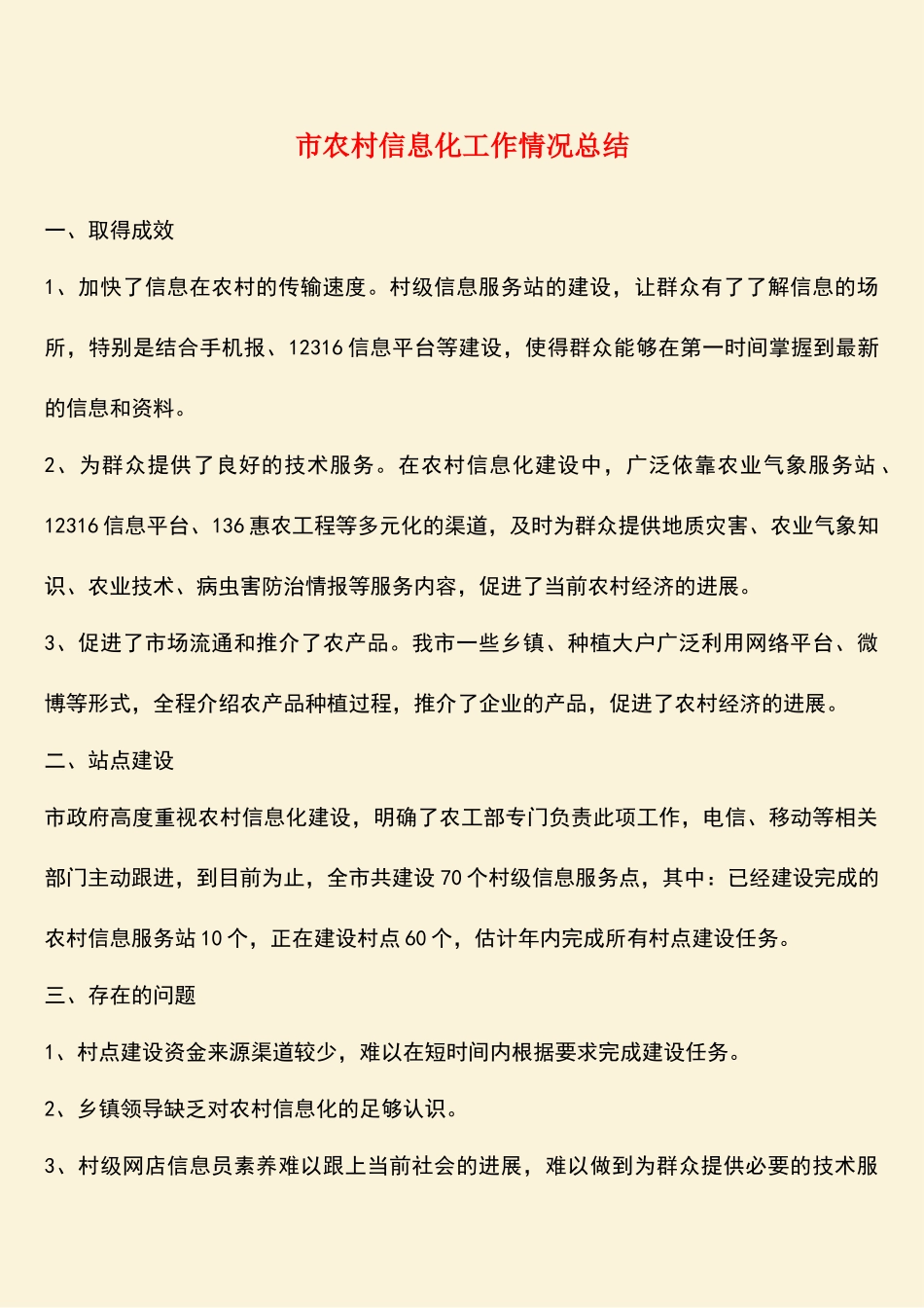 参考范文：市农村信息化工作情况总结_第1页