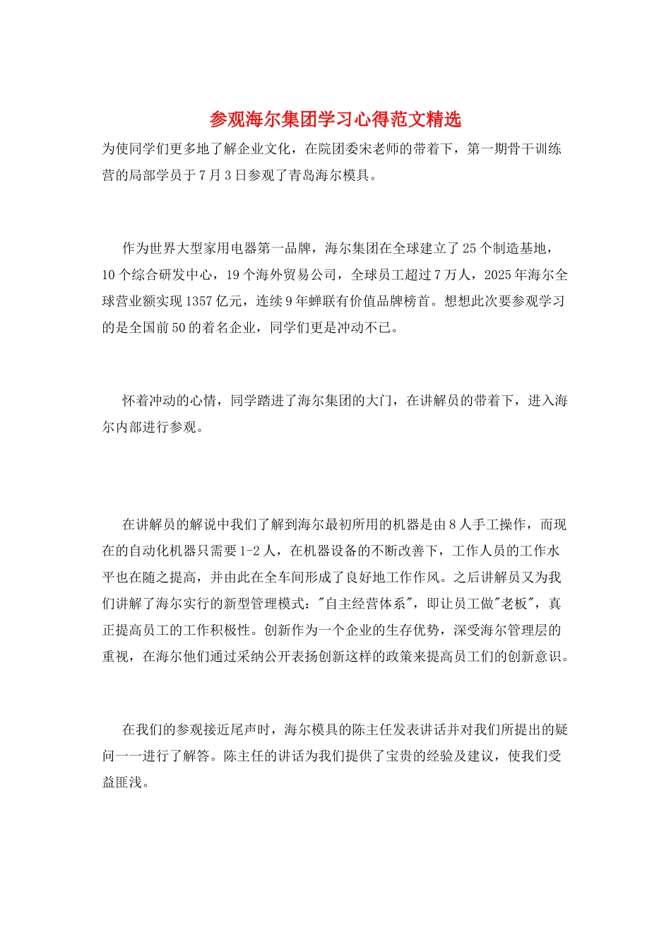 参观海尔集团学习心得范文精选_第1页