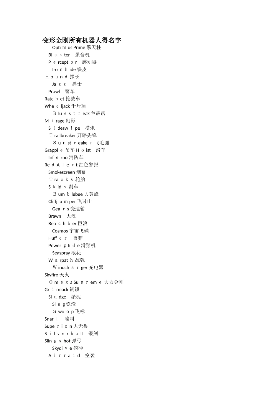 变形金刚所有机器人的名字_第1页