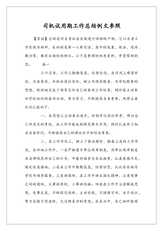 司机试用期工作总结例文参照