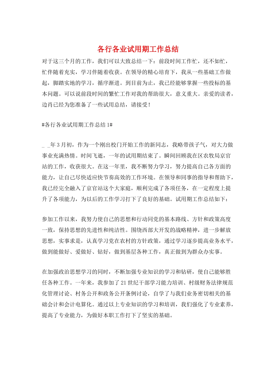 各行各业试用期工作总结_第1页